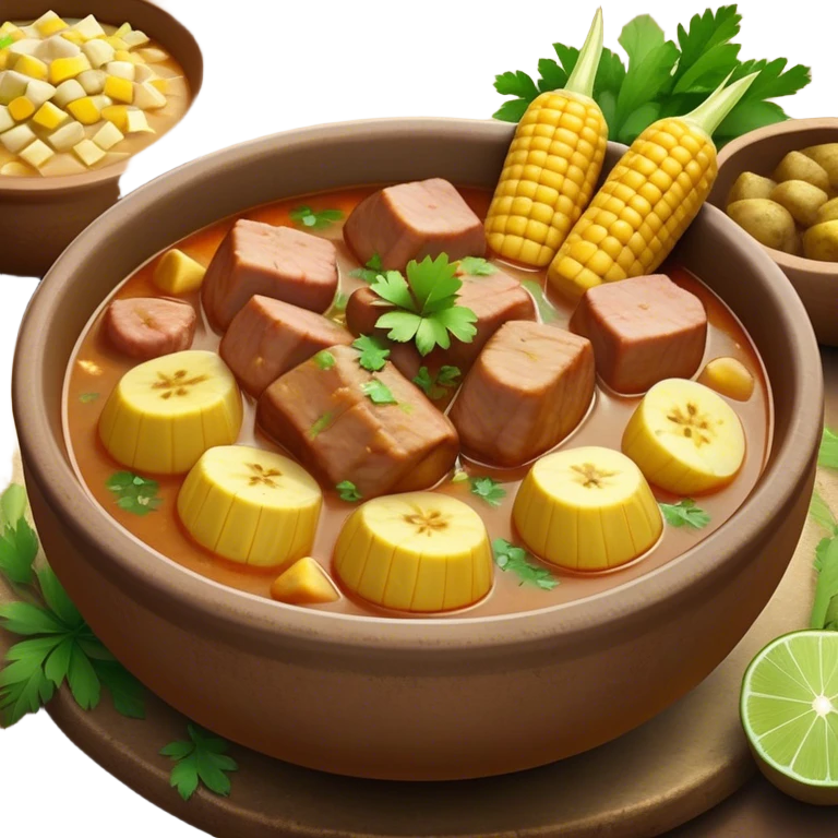 Cinematic Realistic Sancocho Antioqueño Emoji, depicting a hearty Colombian stew brimming with tender cuts of meat, yuca, plantains, corn on the cob, and potatoes in a rich, flavorful broth. Served in a rustic clay bowl with fresh cilantro and lime on the side, rendered with warm, inviting textures and homely, comforting lighting. emoji