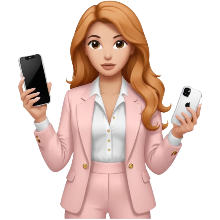 pale skin Kim Kardashian with ginger wavy long Hair, light pink  Spacious classical jacket, light pink palazzo Arrow pants and white blouse holding white IPhone 15 pro in the hands emoji