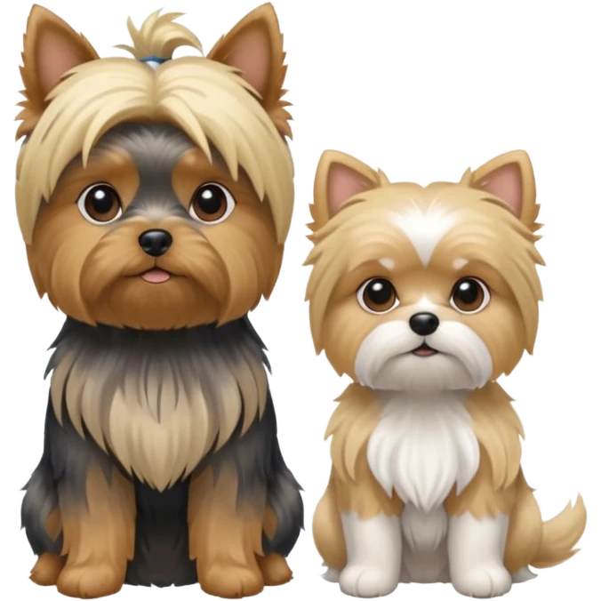 Generate a blue and tan purebred yorkie with a blonde shi tzu yorkie mix sitting next to each kther emoji