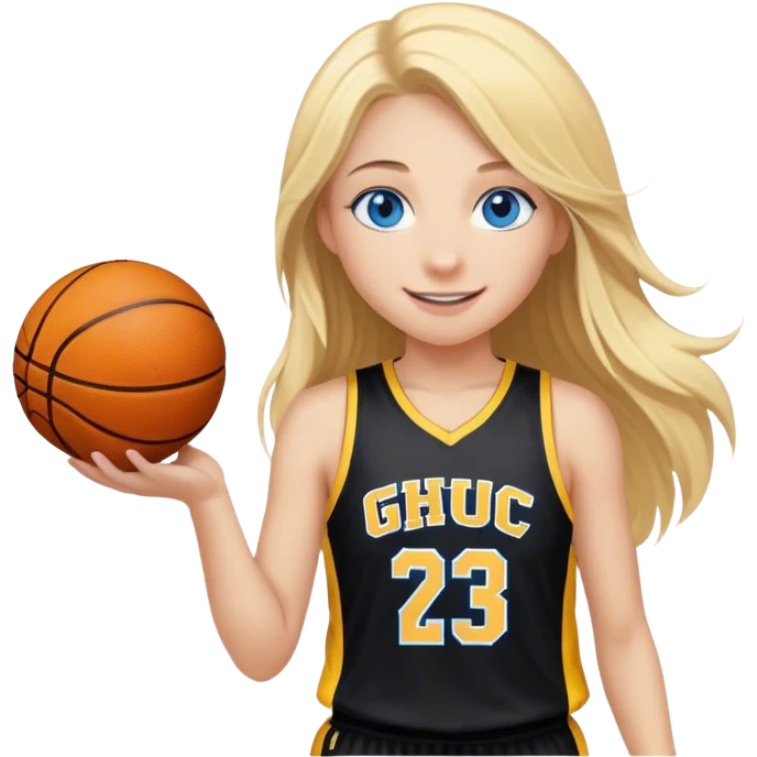 smiling girl with blue eyes and blonde long hair playing basketball with black and yellow jersey with GHC Logo emoji