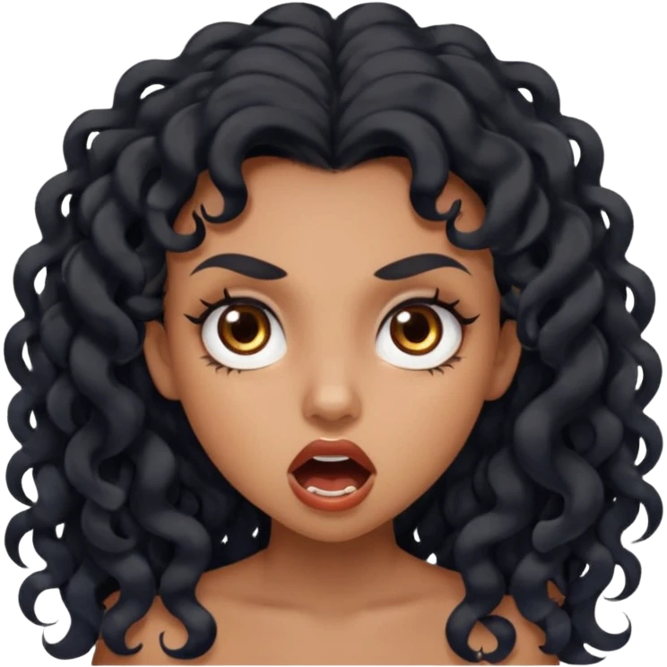 girl with long black curls and brown eyes, brown skin, eyelashes, siren eyes, make her mouth open and mad expression emoji