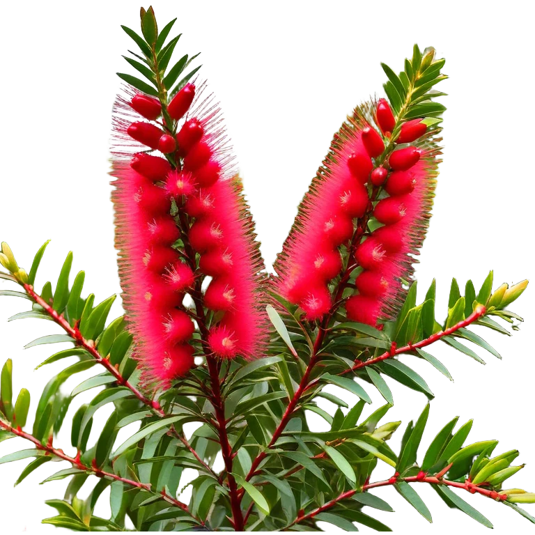 Cinematic Realistic Callistemon Emoji, Vibrant and striking, with spiky red flowers resembling a bottlebrush. The slender leaves create a fine backdrop to the bold blooms, while the plant exudes energy and vitality. Soft glowing outline, capturing the essence of strength, color, and natural beauty in a brilliant callistemon tree! emoji
