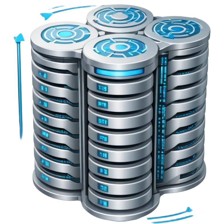 An icon featuring stacked server disks, a digital network grid, and binary code, symbolizing databases. The design includes data flow arrows, representing storage, organization, and retrieval of information. Transparent background highlights data-driven technologies. emoji