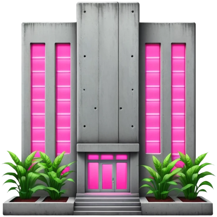 Soviet-style concrete panel apartment building block with neon pink light glowing from one window for indoor plants emoji