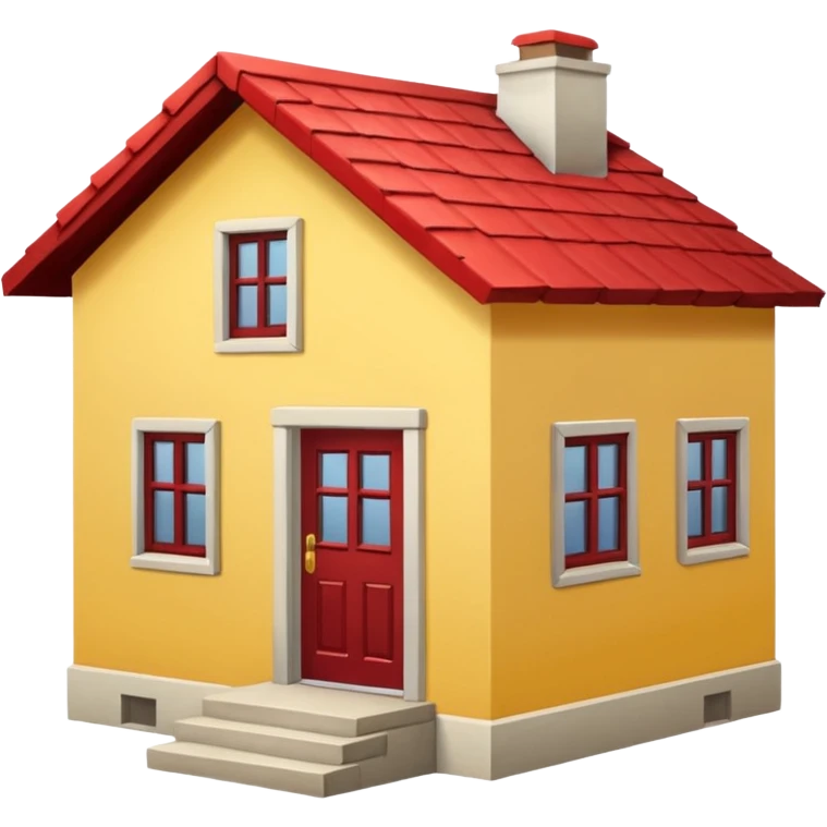 Front seight of a simple yellow house with a red roof, a simple door. Two steps in Front of the door, two windows emoji