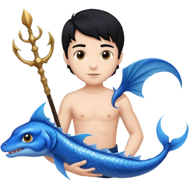 boy, black hair, brown eyes, white skin, Triton, with Triton in hand and blue Triton tail  emoji