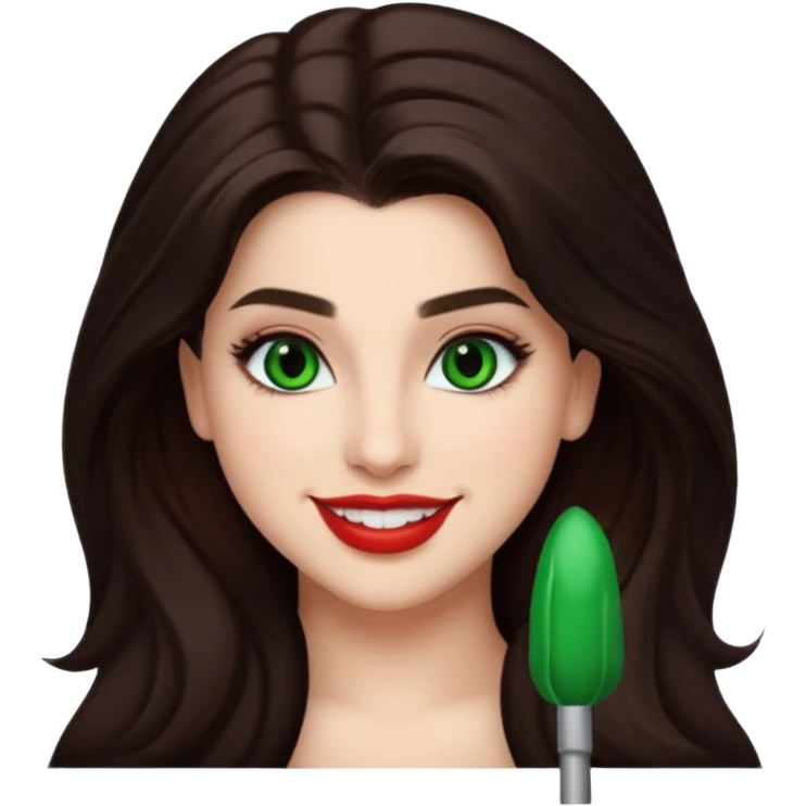 Lauren Jauregui with long dark brown hair, green eyes, red lip emoji