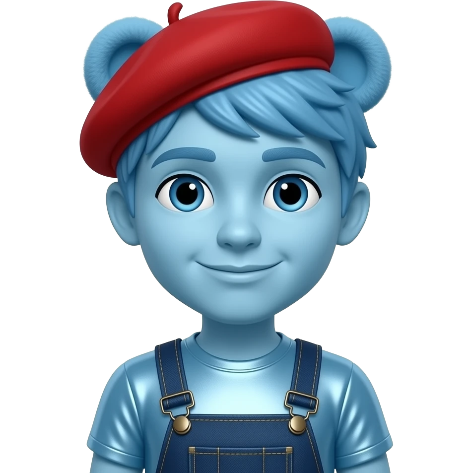 Rooney Doodle from The Doodlebops with light blue skin, blue eyes, blue teddy bear cut hair, red beret, light blue metallic shirt, dark blue metallic overalls emoji