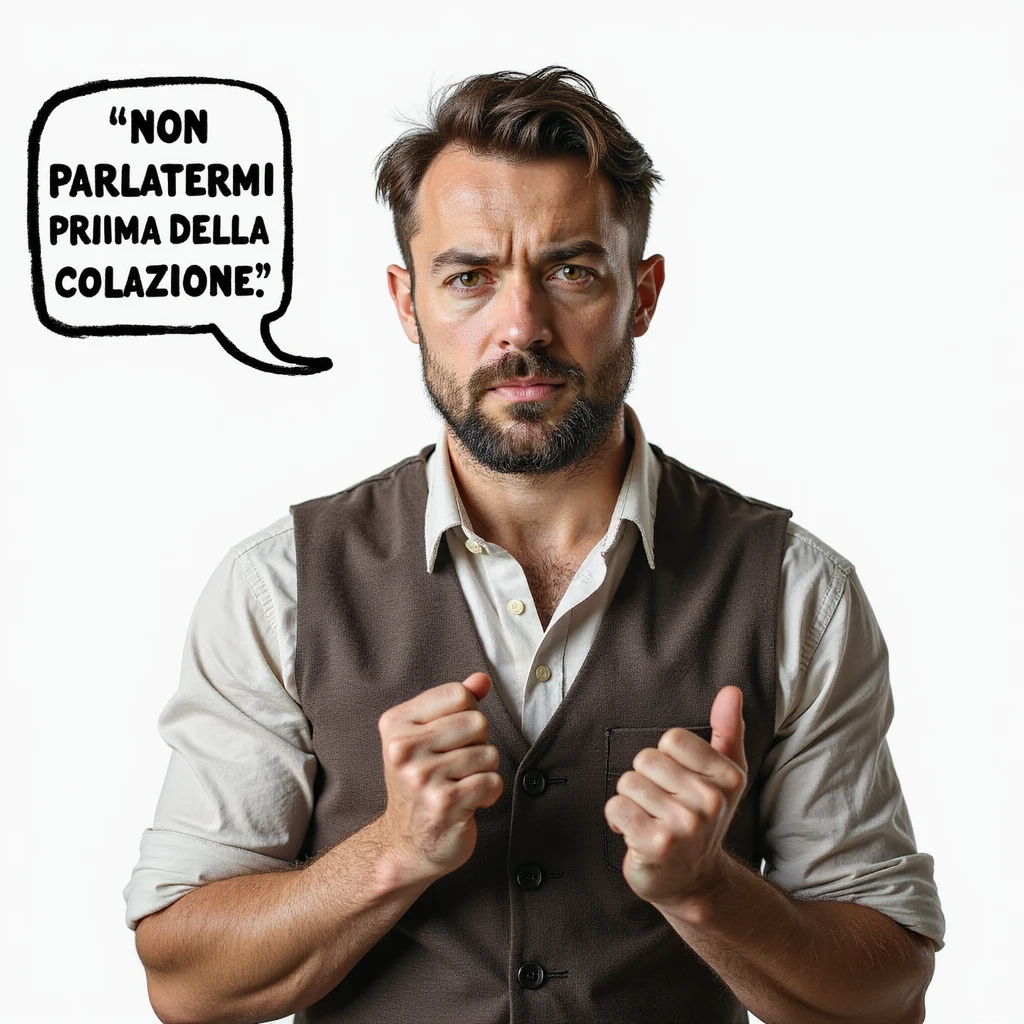 hyperrealistic 4K man isolated on white background with a speech bubble saying 'Non parlatemi prima della colazione', serious expression, realistic details emoji
