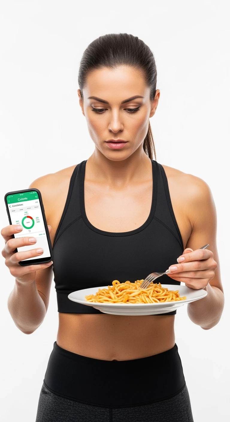 donna fitness che calcola ossessivamente le calorie di quello che sta mangiando: in mano ha un piatto di pasta e nell'altra mano ha lo smartphone per segnare tutti gli alimenti, sfondo bianco emoji