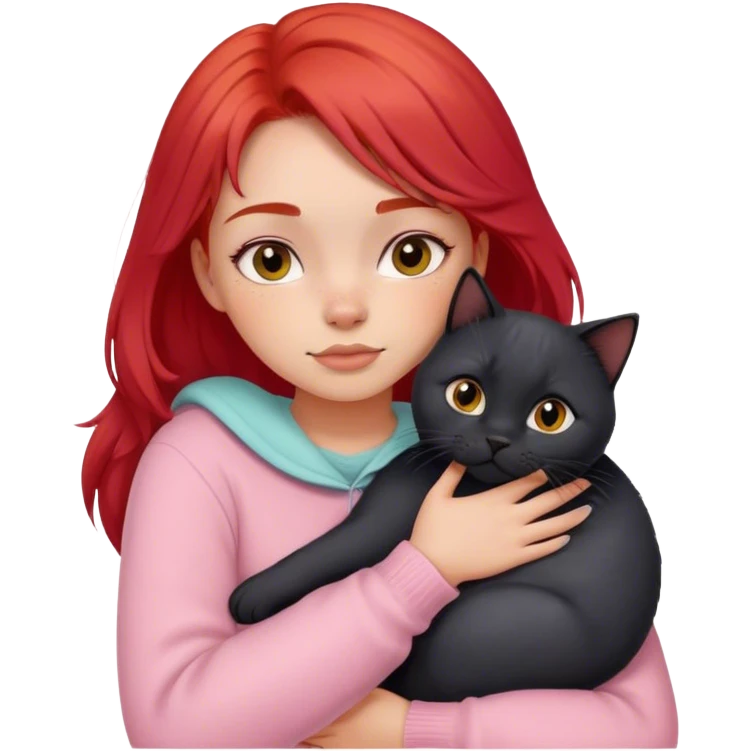 
a girl with red hair in pastel clothes hugs a black British cat emoji