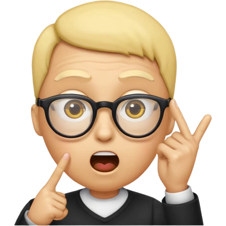 Generate a emoji head base with a shocked expression with a finger pushing the glasses down a little bit make the glasses tipped and make the head full yellow with a slight tint at the top with no hair also make the glasses tipped a 35 angle emoji