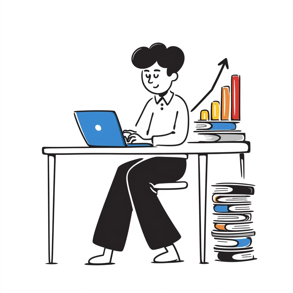 Academic research setup with an open laptop, stack of colorful books, and a rising data chart graph with upward trend. Hand-drawn doodle style with blue laptop screen, multicolored book spines, and a colorful bar chart. emoji