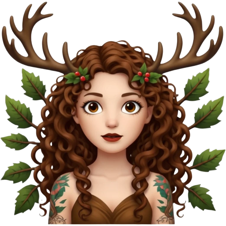 woman with long curly brown hair, brown eyes, white skin, tattoos, tree branches forming antlers above her emoji
