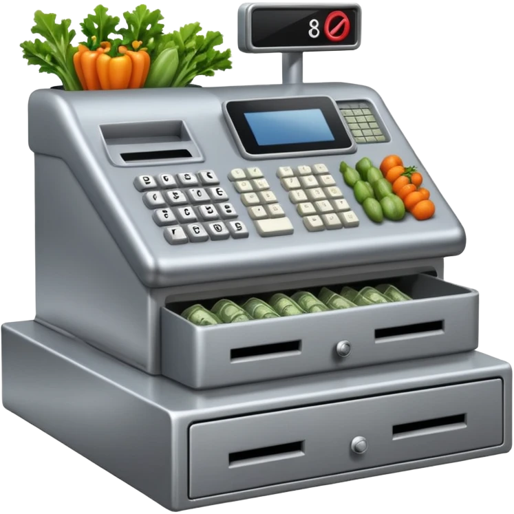 Front-facing cash register with symbol keys for vegetables emoji