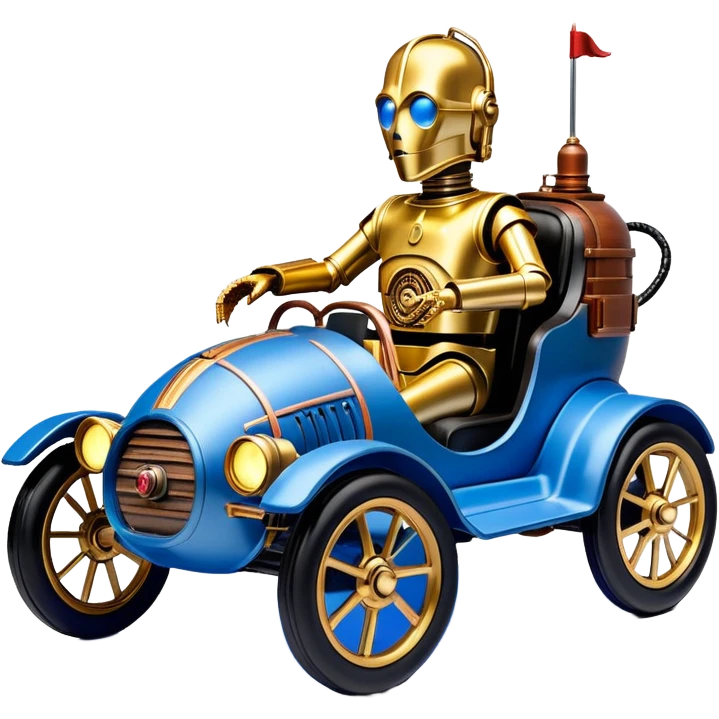 tarnished blue neon underglow C-3PO ghost buster 1927 delicately ornate rosegold wood barrel accents Model-T bucket powered by electric motors and batteries with racing safety belts while flying rapidly roughening terrain stable on strong agile advanced suspension and steering emoji