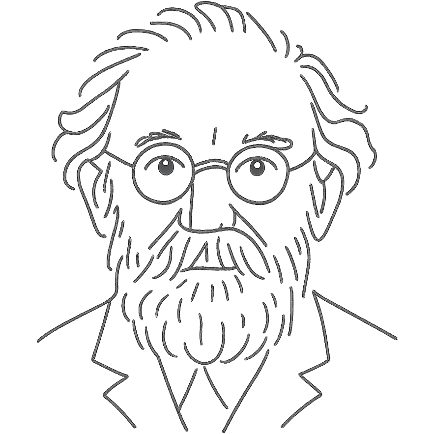 a hand drawn black outline portrait of philosopher Gaston Bachelard with similar-sized eyes based a famous portrait of him, with less messy hair emoji