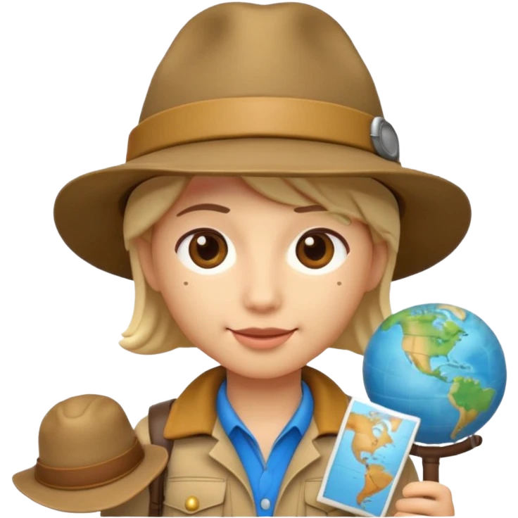 Apple Memoji-style 3D emoji of an explorer with a map and hat, soft shading, rounded shapes, no background.
 emoji