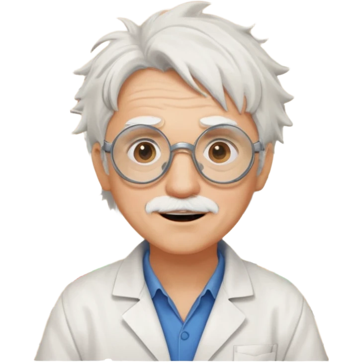 Portrait of an eccentric inventor with messy white hair, round goggles on forehead, wrinkled face with excited expression, wearing a slightly burnt lab coat, background of workshop with blueprints and tools emoji