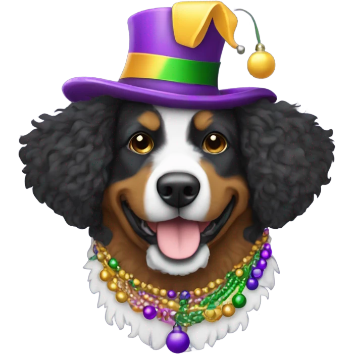 Bernedoodle dressed for Mardi Gras emoji