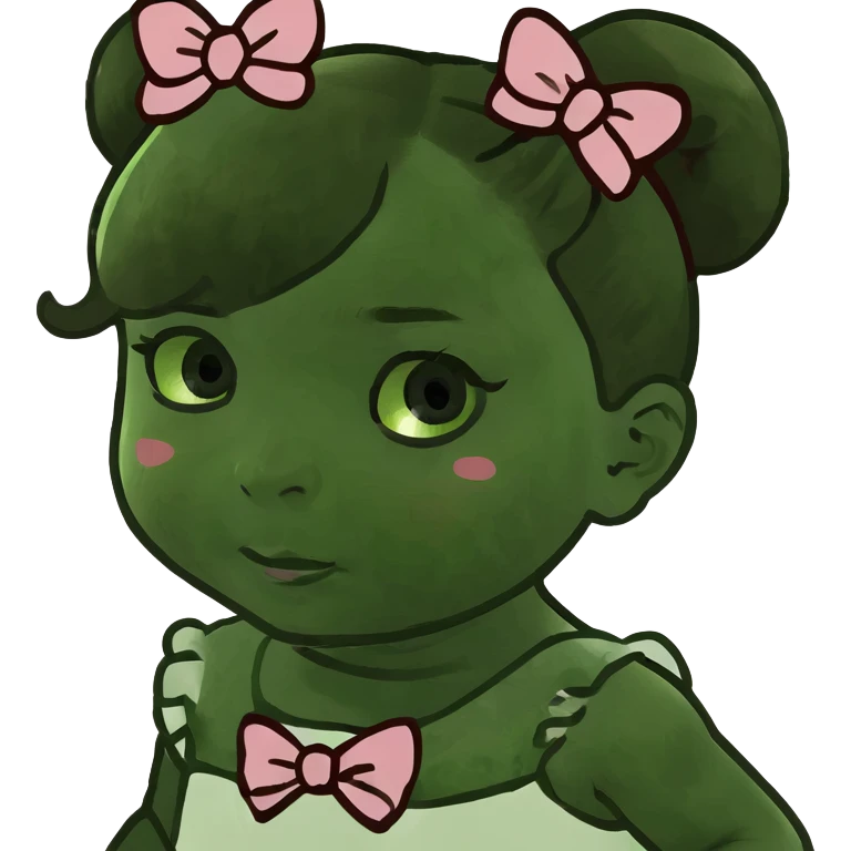 Brown hair, medium skin tone baby girl with bows on her hair, and wearing a white dress with rose designs on it  emoji