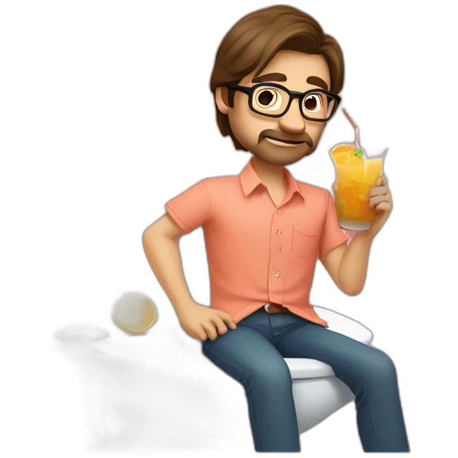 man with brown hair, octagonal glasses, and salmon colored shirt sitting on the toilet, drinking a cocktail. Sitting on the toilet in the bathroom emoji