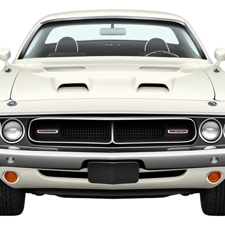 Pristine white 1971 Dodge Challenger with perfect structure, accurate three-quarter 30-degree view showing detailed headlights and grille, classic muscle car silhouette, completely white, iOS emoji style emoji