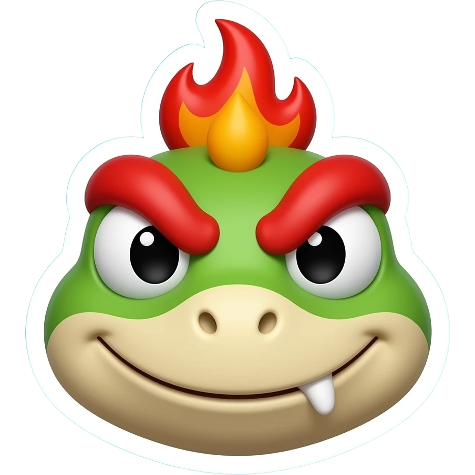 cute 3D reptile emoji head, mischievous smirk, green top and beige face, big round snout, small fang tooth, expressive eyes, thick red angry eyebrows, red spiky flame hair on top, glossy toy style, smooth shading, sticker with thick white outline, centered, blue gradient background emoji