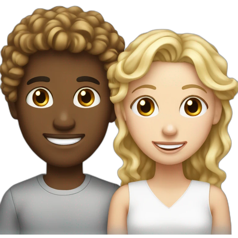Couple, brown skin guy curly hair with a white girl blonde with teeth braces emoji