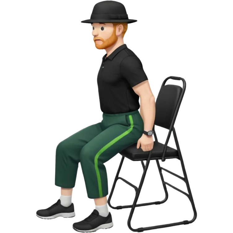 גבר זקן ג'ינג'י מלא כובע שחור הפוך חולמה שחורה ומכנסיים ירוקות ארוכות מבצע תרגיל לאנג' בתמיכת כיסא מהצד שתי רגליים על הרצפה מח^זיק כיסא בידו  תמיכה קלה ידו על משענת הכיסא emoji
