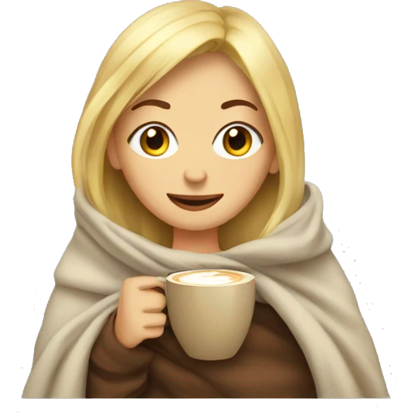 blonde girl wrapped in a blanket with a cup of coffee emoji