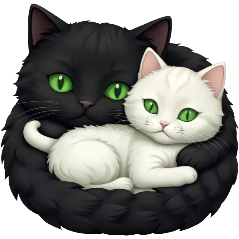 Big black cat with green eyes is sleeping with a small white cat emoji