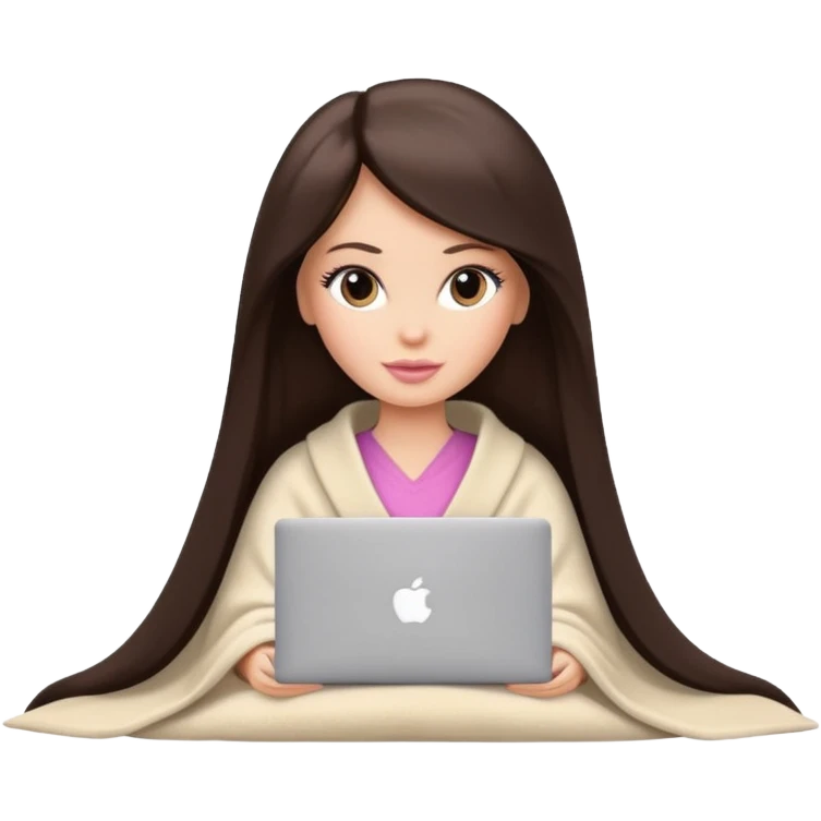 Barbie girl with a long straight dark brown hair inside a pale beige blanket working macbook  emoji