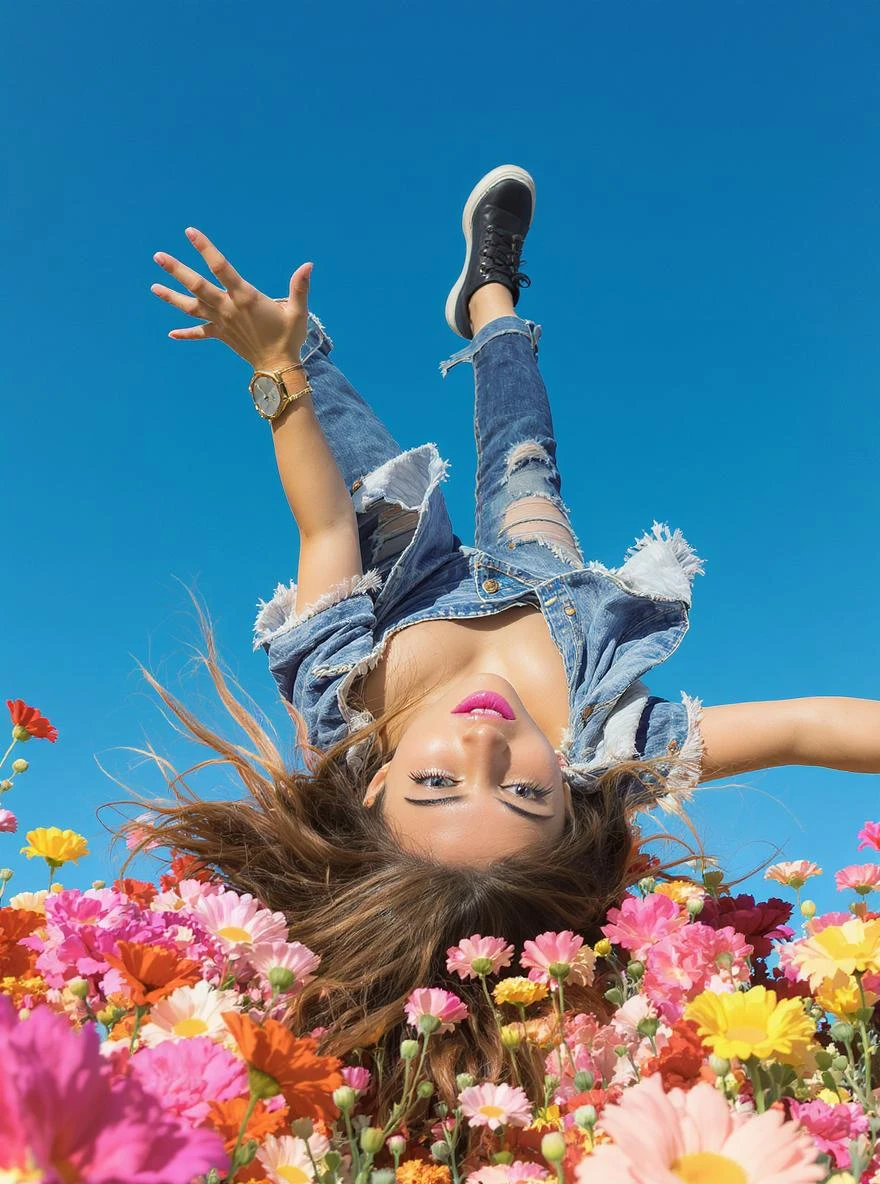 Closeup photo of a woman falling down around colorfull flowers wearing alternative fashion, blue sky minimalistic background emoji