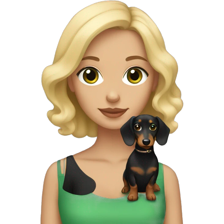 Girl with short wavy blonde hair and green eyes holding a black and tan longhaired dachshund emoji