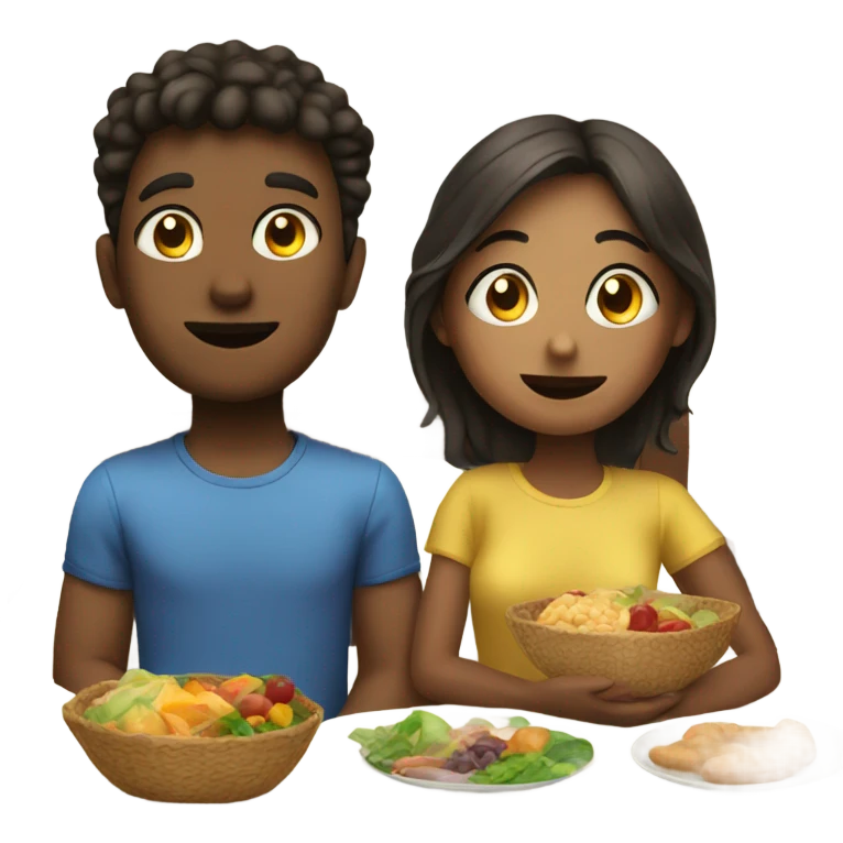 Boy and girl sitting on bed with food emoji