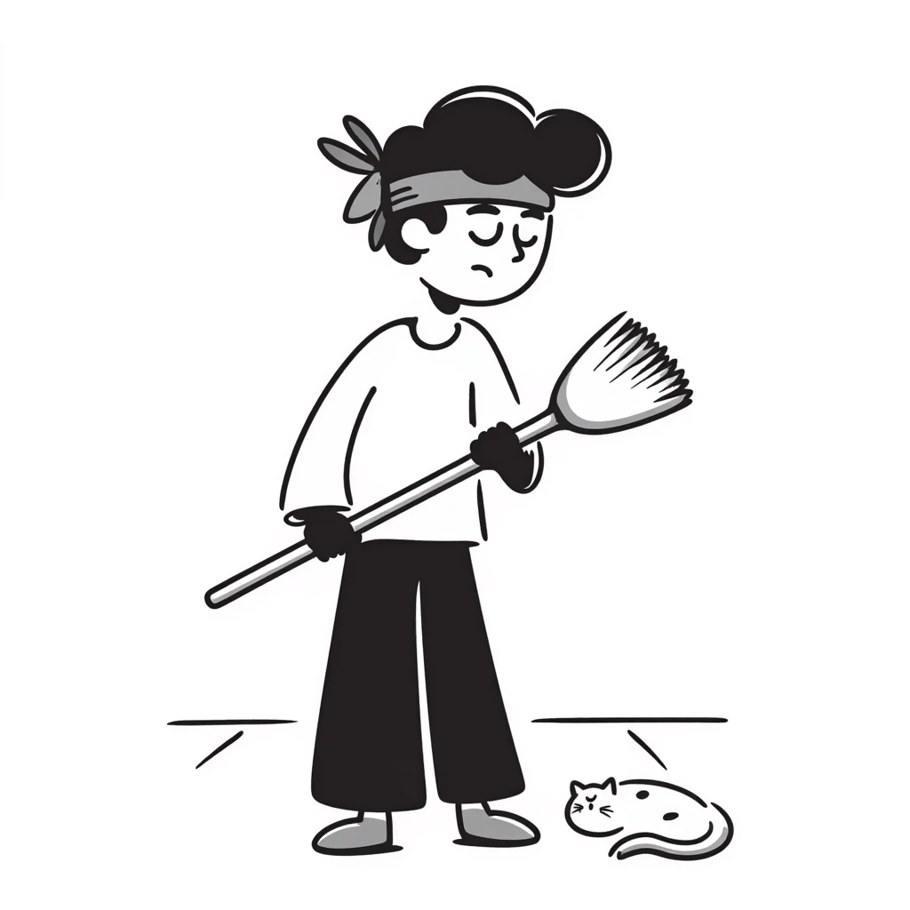 Levi Ackerman cleaning with bandana over hair, gloves, holding broom, annoyed expression emoji
