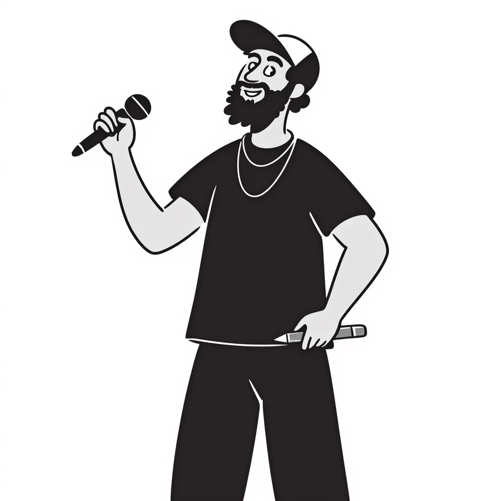 mature hip-hop artist with full beard wearing backwards baseball cap, happy expression, holding mic in left hand and pencil in right hand emoji