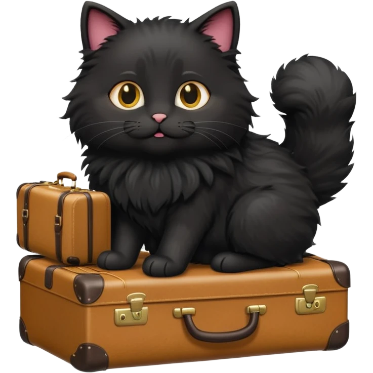 Black fluffy cat carrying suitcase in sunny place emoji