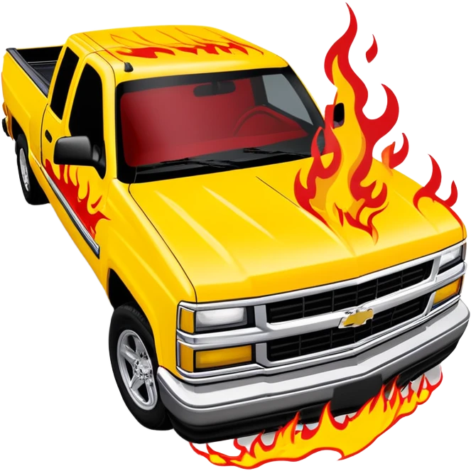 Bright yellow 1997 Chevrolet Silverado with authentic red flame print decal across the front hood, precise Kill Bill movie detail, 30-degree angle, iOS emoji style emoji