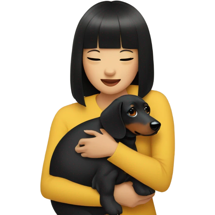 Asian woman with black neat bangs hugging black dachshund emoji