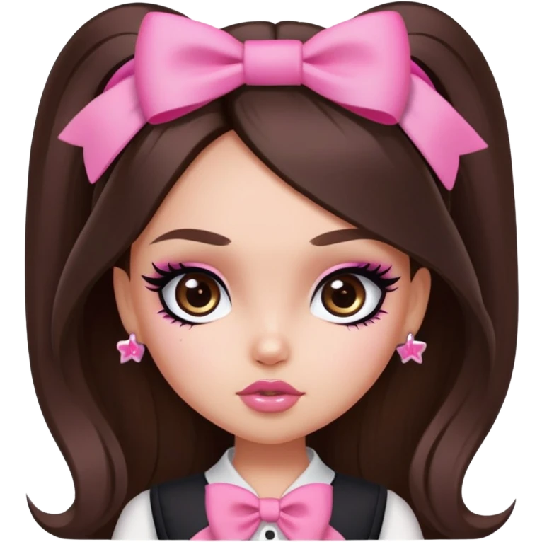 pretty bratz baddie, long hair brunette baddie with eyeliner and brown eyes and small pink bow emoji