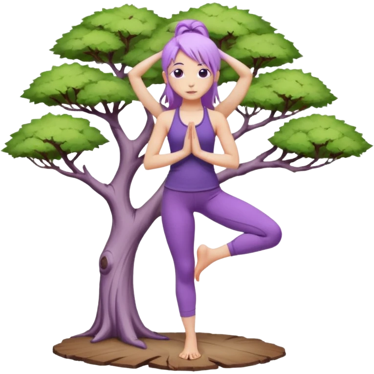 Девушка белокожая, со светло-фиолетовыми волосами, в одежде для йоги, стоит в позе дерева emoji
