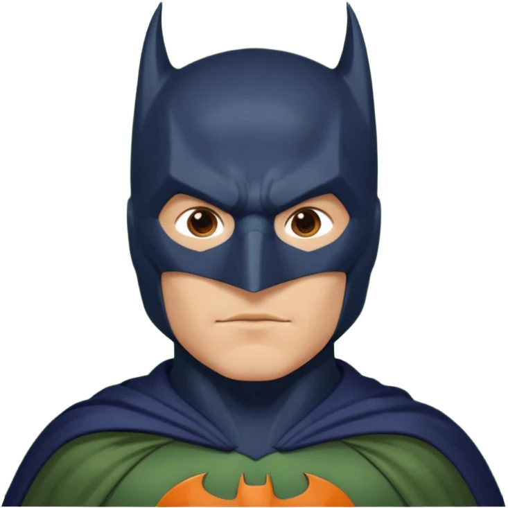 generate a batman emoji with just the face and neck showing and part of the cloak and and wings. Shade the bat logo on the chest in a medium green with a slight olive touch. Shade the mask in dark navy blue. Shade the cloak in a solid vibrant orange.

 emoji