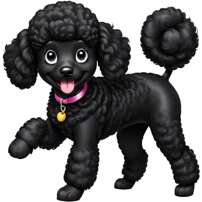 Cinematic Comical Black Poodle Portrait Emoji, Head tilted dramatically with an exaggeratedly amused expression, featuring a glossy, curly jet-black Fur with a lively bounce, wide, expressive dark eyes filled with playful disbelief, Simplified yet hilariously expressive features, highly detailed, glowing with a slightly sassy glow, high shine, dramatic yet playful, stylized with an air of cheeky mischief, bright and endearing, soft glowing outline, capturing the essence of a spirited and over-the-top companion, so meme-worthy it feels like it could side-eye its way into internet fame instantly! emoji