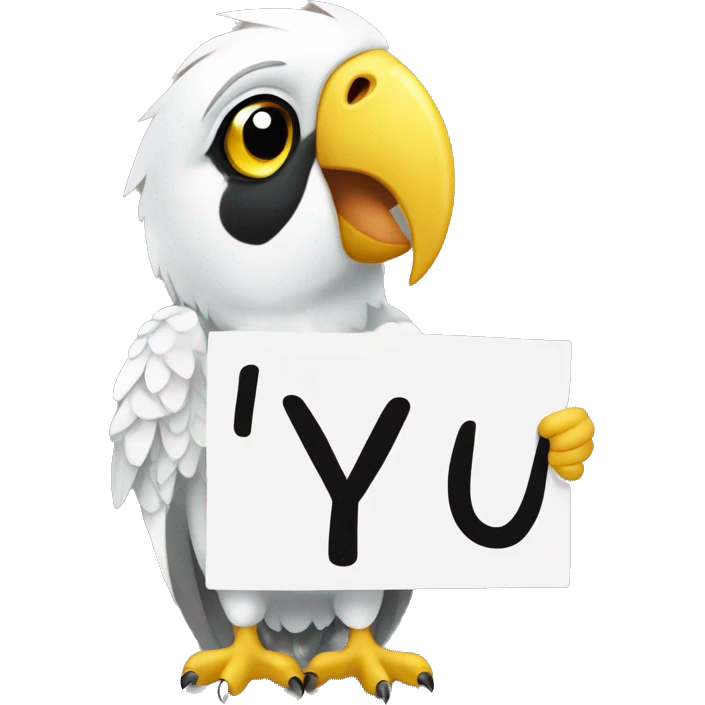 white and yellow parrot  holding a sign with the black inscription i love you emoji
