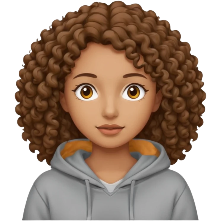 Woman, curly brown hair, hoodie, emoji