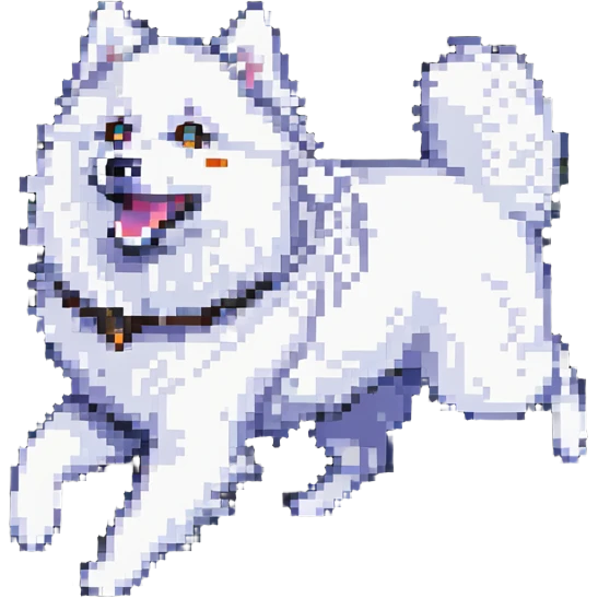 A pixel art Samoyed dog, running, facing forward, white fur, black eyes, dynamic pose, simple background. emoji