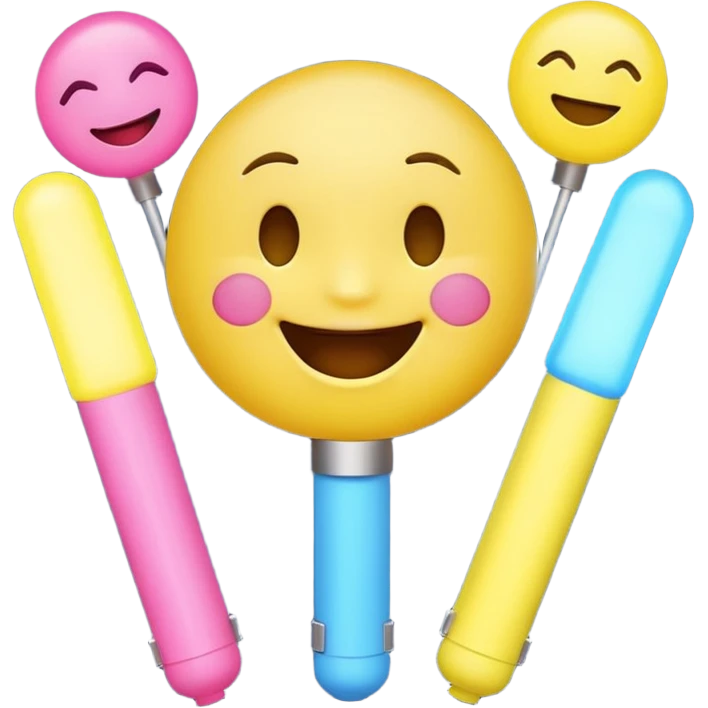 An excited yellow emoji face with closed smiling eyes and blushing cheeks, cheering enthusiastically while holding up two glow sticks (one blue, one pink). It represents high energy, fandom, and celebration. emoji