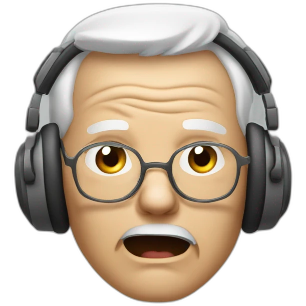 face of an elderly person with headphones on where you can see that only sound comes out from one side and the person is very angry emoji